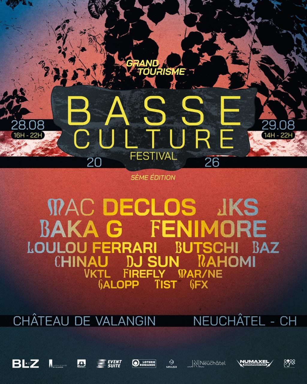La 5ème édition de Basse Culture est enfin dévoilée. 💛

Les 28 & 29 août prochains, on prend possession du Château de Valangin pour deux jours de musique électronique, de découvertes, de rencontres et de moments qu'on n'oublie pas.

Et cette année, on voit les choses en grand.

---

Au programme :

→ Mac Declos @ma
→ JKS
→ Baka G
→ Fenim0re
→ Loulou Ferrari
→ Butschi
→ Baz
→ Chinau
→ DJ Sun
→ Nahomi
→ Firefly
→ Mar/ne
→ VKTL
→ Galopp
→ Tist
→ GFX

Une programmation qui mêle artistes internationaux, talents émergents et scène locale, dans un lieu unique au cœur de Neuchâtel. 🏰

---

On a tellement hâte de vous retrouver pour écrire ensemble un nouveau chapitre de Basse Culture !💛

Affiche par @nicojnd & @echlosionous✨

---

ONE LOVE

#basseculture #grandtourisme #festival #techno #electronicmusic #house #neuchatel #valangin
